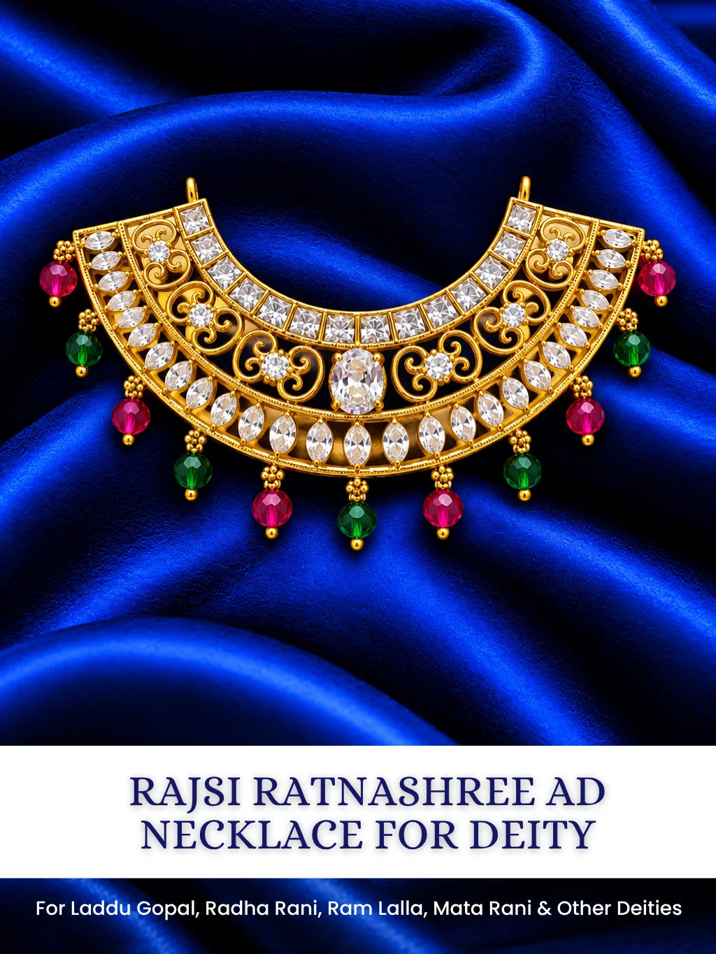 Shop Rajsi Ratnashree AD Necklace for Deity with regal jewel-inspired detailing and sparkling AD stones. Elegant jewellery for Laddu Gopal and festive shringar.