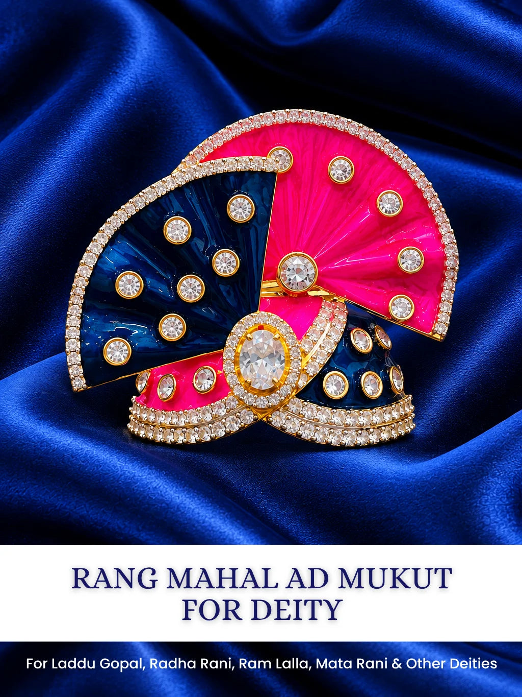 Shop Rang Mahal AD Mukut for Deity with vibrant royal-inspired artistry and sparkling AD work. A beautiful crown for Laddu Gopal and festive shringar.