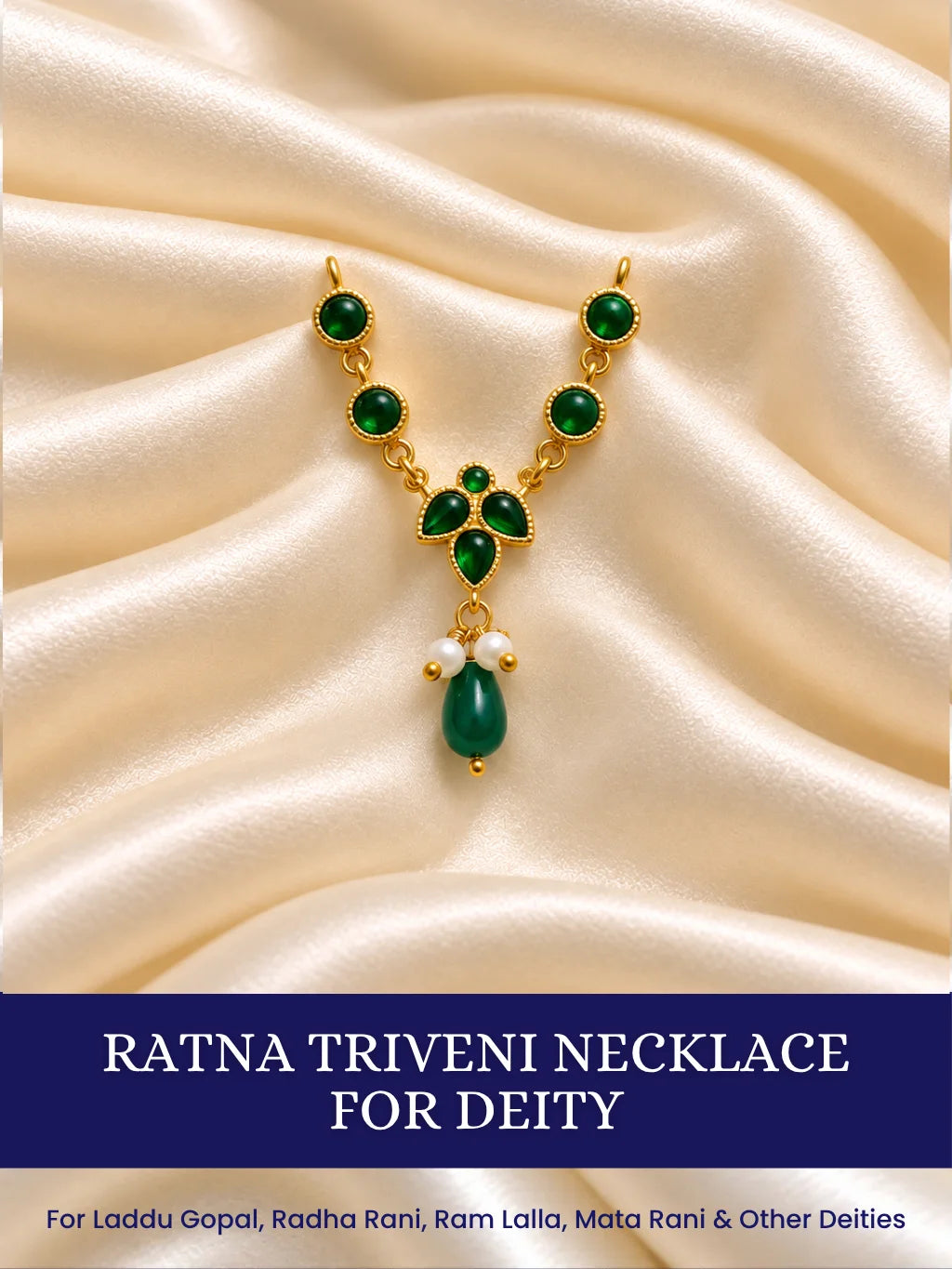 Ratna Triveni Necklace for Deity featuring precious jewel-inspired ornamental styling, ideal for traditional Laddu Gopal, Radha Rani and Krishna Ji shringar.