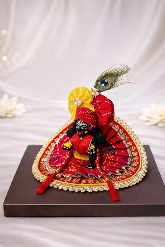 Laddu Gopal Dress – Red & Yellow Shringar with Golden Lace Border