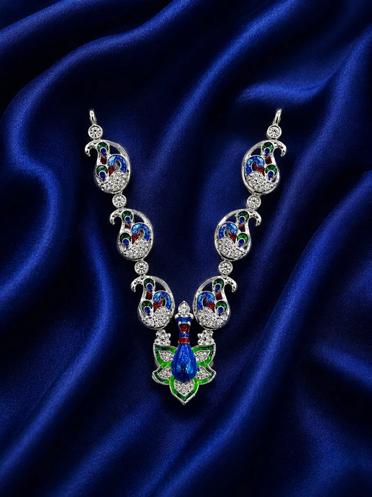 Premium crystal-embedded Meenakari peacock haar for Laddu Gopal Ji on dark blue silk background