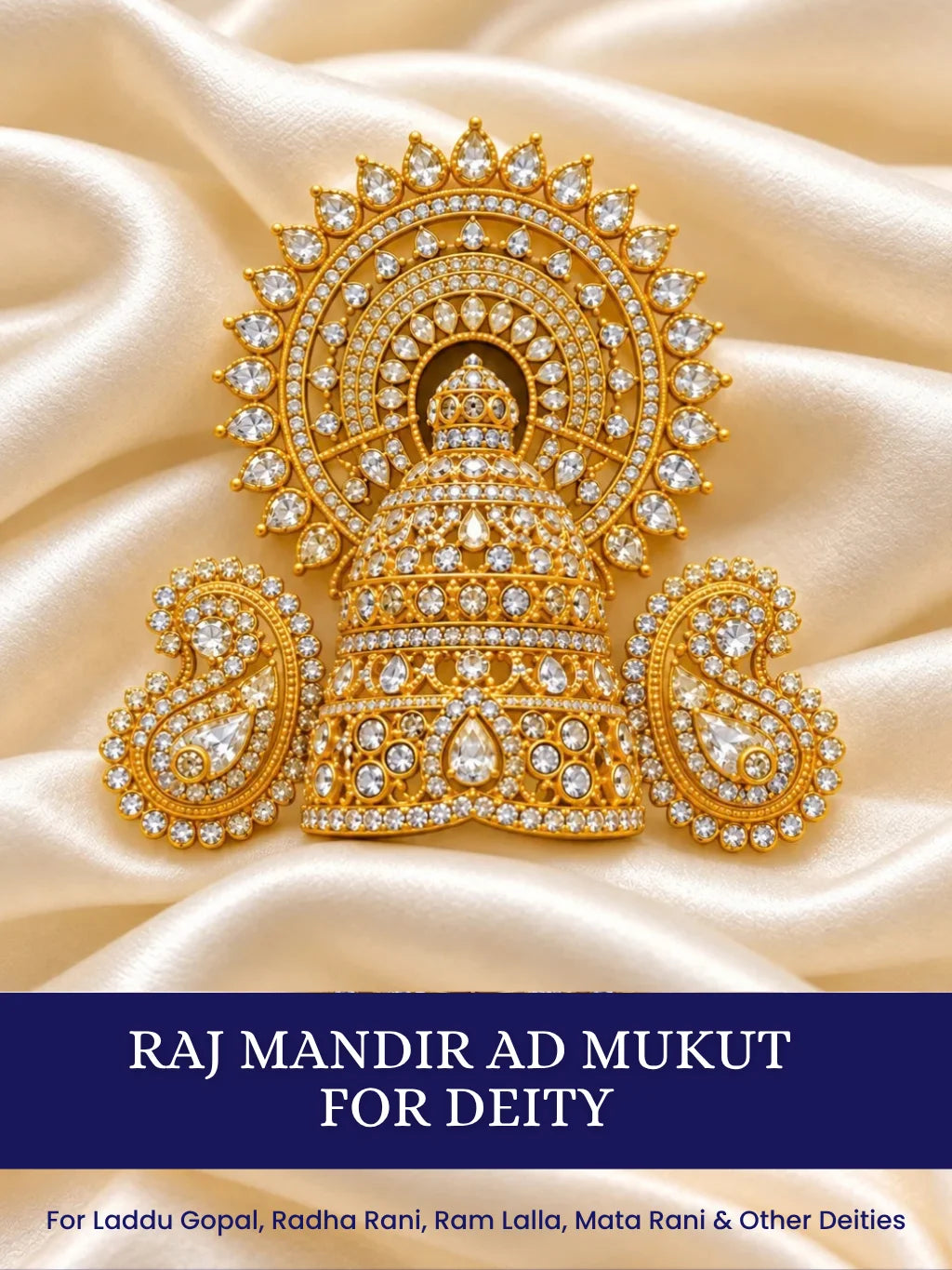 Shop Raj Mandir AD Mukut for Deity with temple-inspired royal artistry and sparkling AD work. An elegant crown for Laddu Gopal and festive shringar.