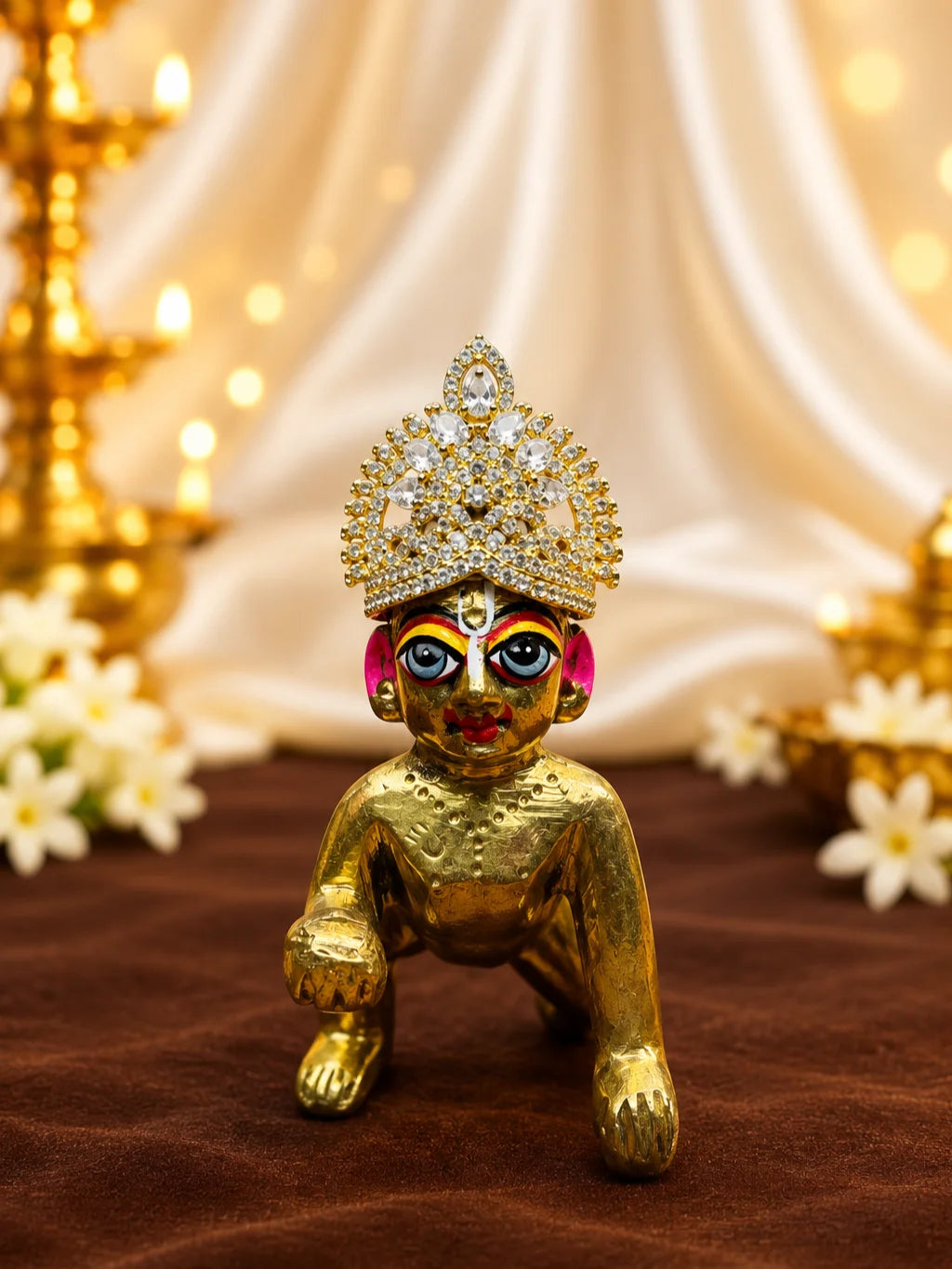 Shwet Kamal AD Mukut for Deity with white lotus-inspired design and sparkling American Diamond detailing