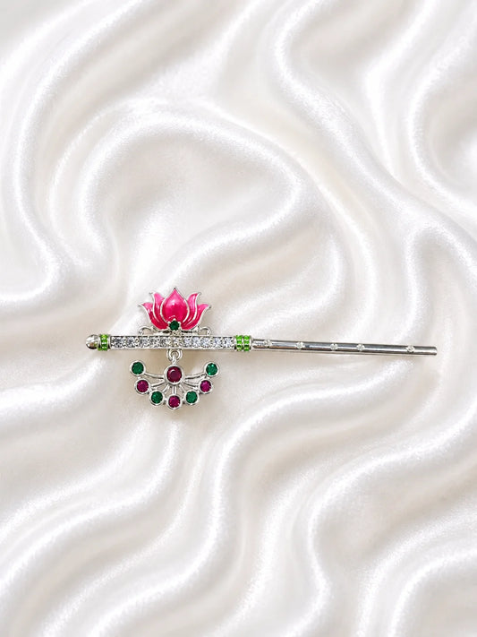 Premium silver plated Meenakari bansuri flute with hand painted enamel lotus motifs for Laddu Gopal deity shringar
