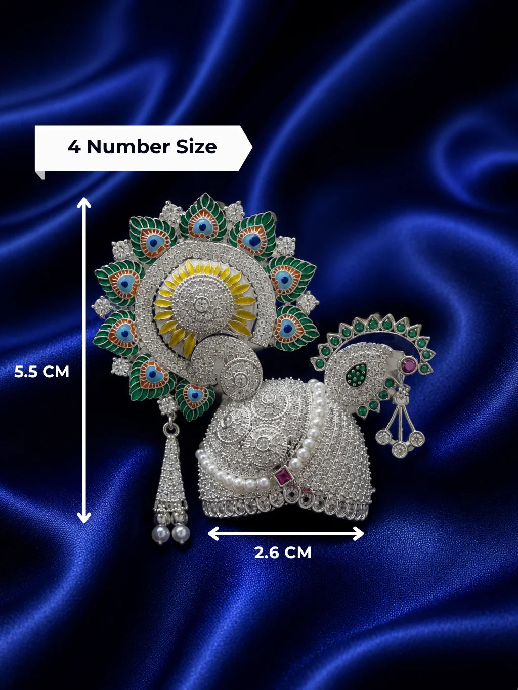 Silver Peacock Rajkala AD Mukut for Laddu Gopal with sparkling peacock-inspired AD design