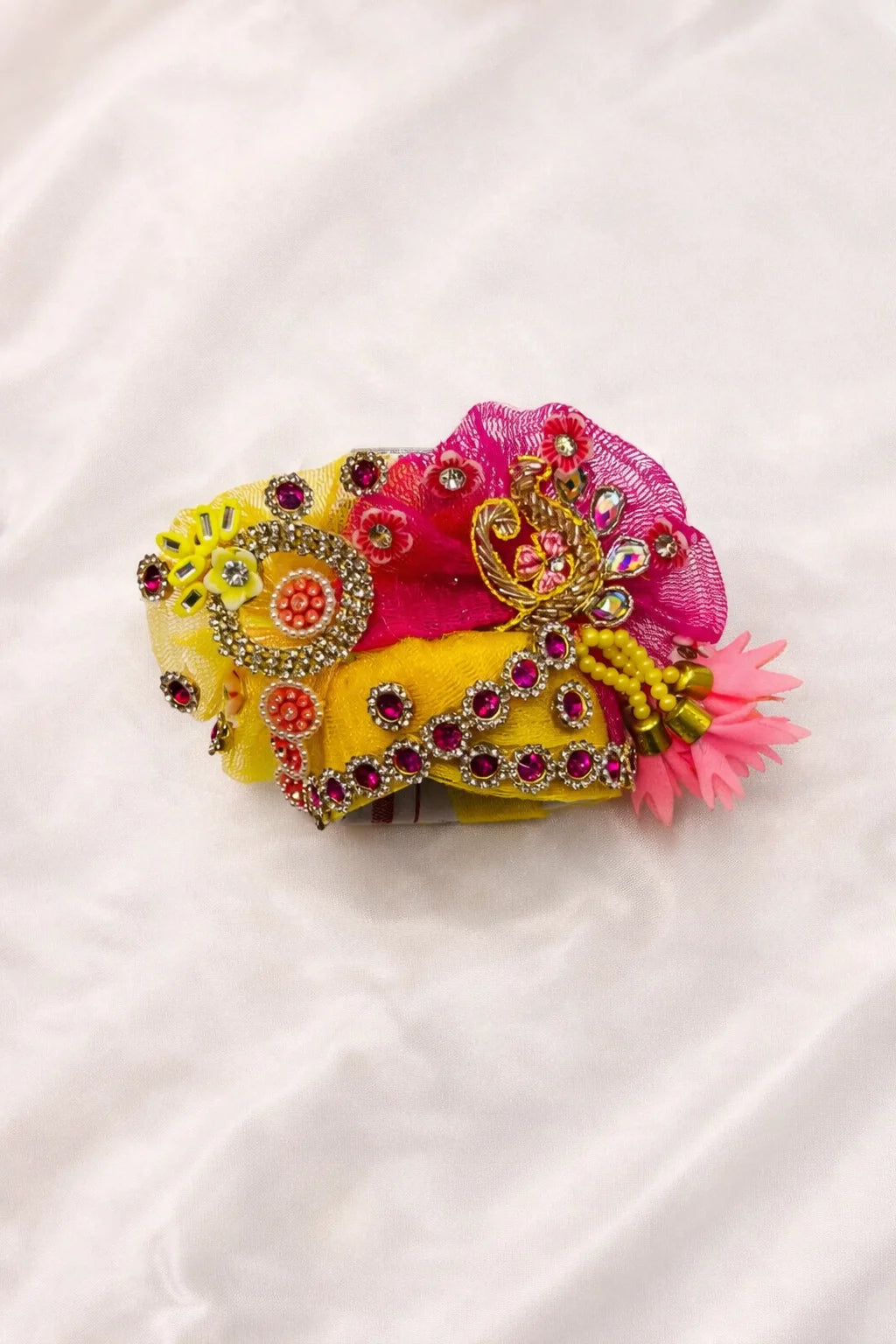 Yellow and pink Laddu Gopal dress with pagdi and patka royal shringar