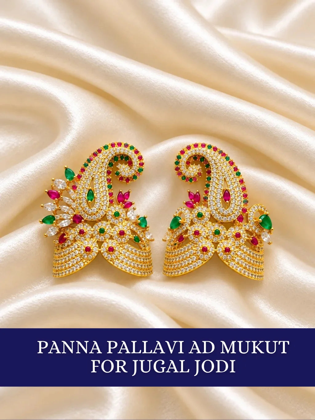 Shop Panna Pallavi AD Mukut for Jugal Jodi with jewel-inspired artistry, Kalash-style elegance and sparkling AD work for Laddu Gopal and festive shringar.