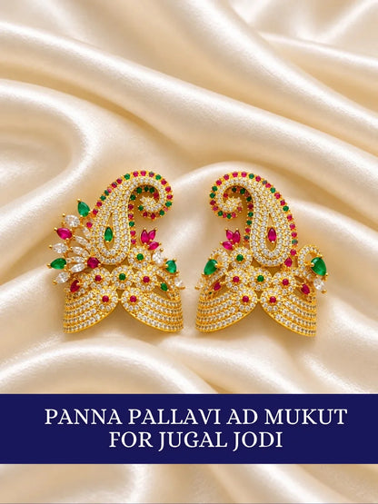 Shop Panna Pallavi AD Mukut for Jugal Jodi with jewel-inspired artistry, Kalash-style elegance and sparkling AD work for Laddu Gopal and festive shringar.