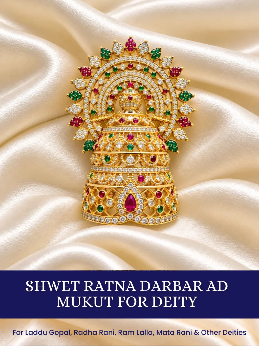 Shop Shwet Ratna Darbar AD Mukut for Deity with white jewel-inspired elegance and sparkling AD work. A majestic crown for Laddu Gopal and divine shringar.