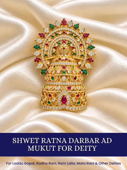 Shop Shwet Ratna Darbar AD Mukut for Deity with white jewel-inspired elegance and sparkling AD work. A majestic crown for Laddu Gopal and divine shringar.