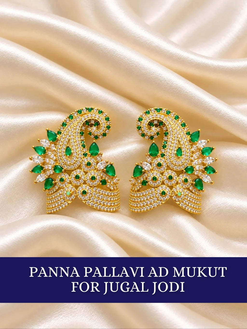 Shop Panna Pallavi AD Mukut for Jugal Jodi with jewel-inspired artistry, Kalash-style elegance and sparkling AD work for Laddu Gopal and festive shringar.