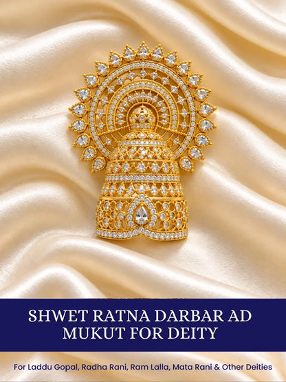 Shop Shwet Ratna Darbar AD Mukut for Deity with white jewel-inspired elegance and sparkling AD work. A majestic crown for Laddu Gopal and divine shringar.