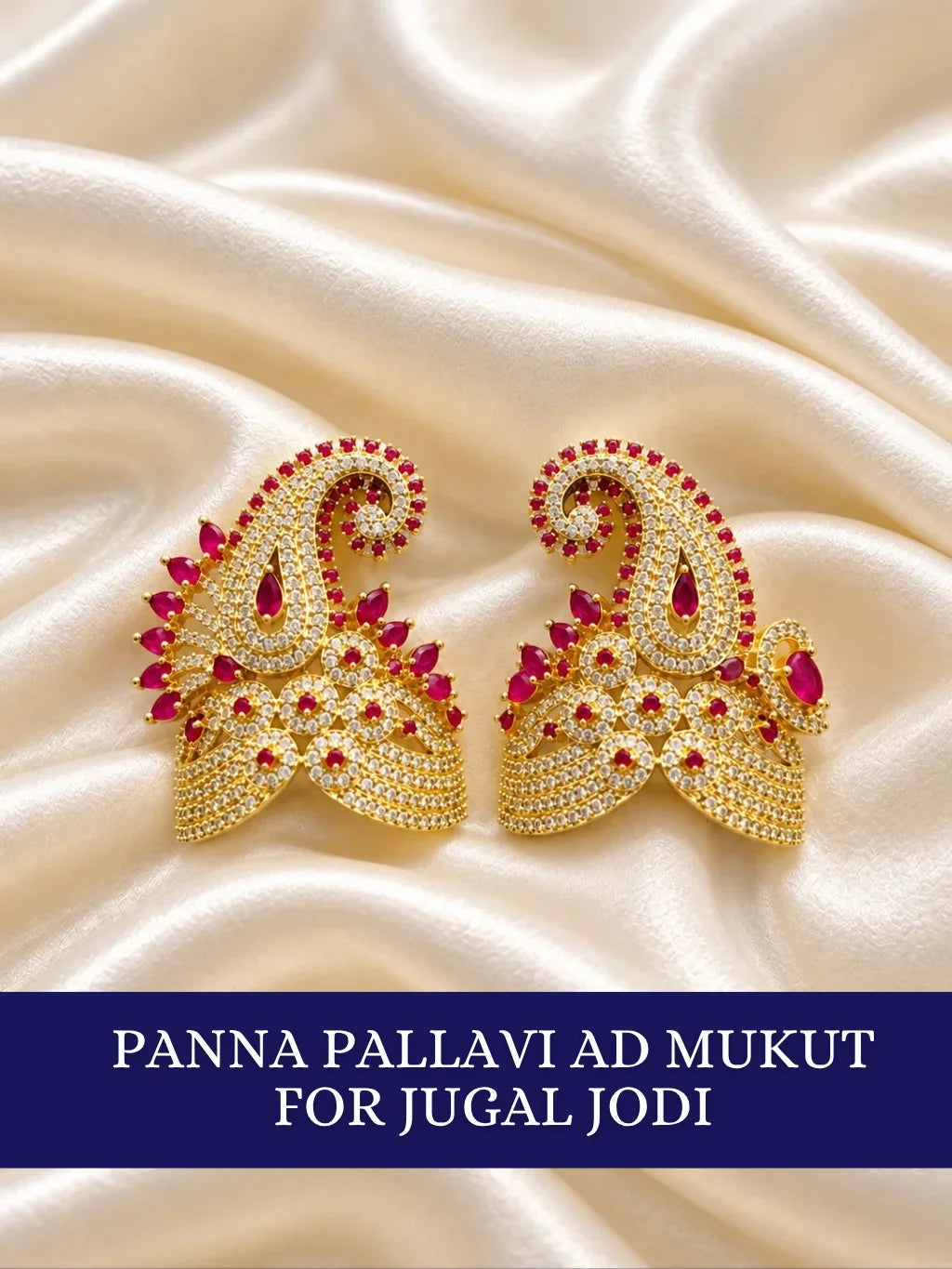 Shop Panna Pallavi AD Mukut for Jugal Jodi with jewel-inspired artistry, Kalash-style elegance and sparkling AD work for Laddu Gopal and festive shringar.
