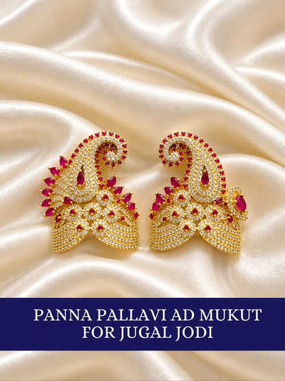 Shop Panna Pallavi AD Mukut for Jugal Jodi with jewel-inspired artistry, Kalash-style elegance and sparkling AD work for Laddu Gopal and festive shringar.