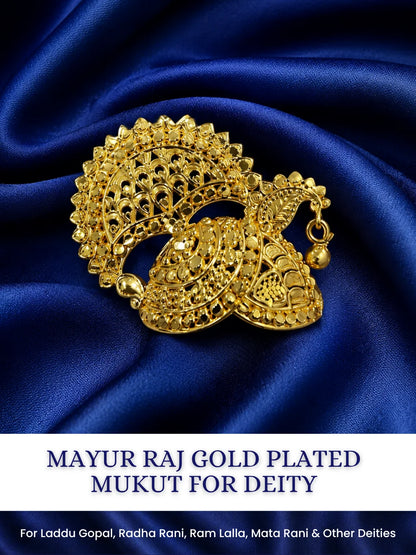Adorn your deity with the Mayur Raj Gold Plated Mukut, featuring an elegant peacock-inspired design for royal and beautiful divine shringar.