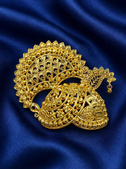 Adorn your deity with the Mayur Raj Gold Plated Mukut, featuring an elegant peacock-inspired design for royal and beautiful divine shringar.