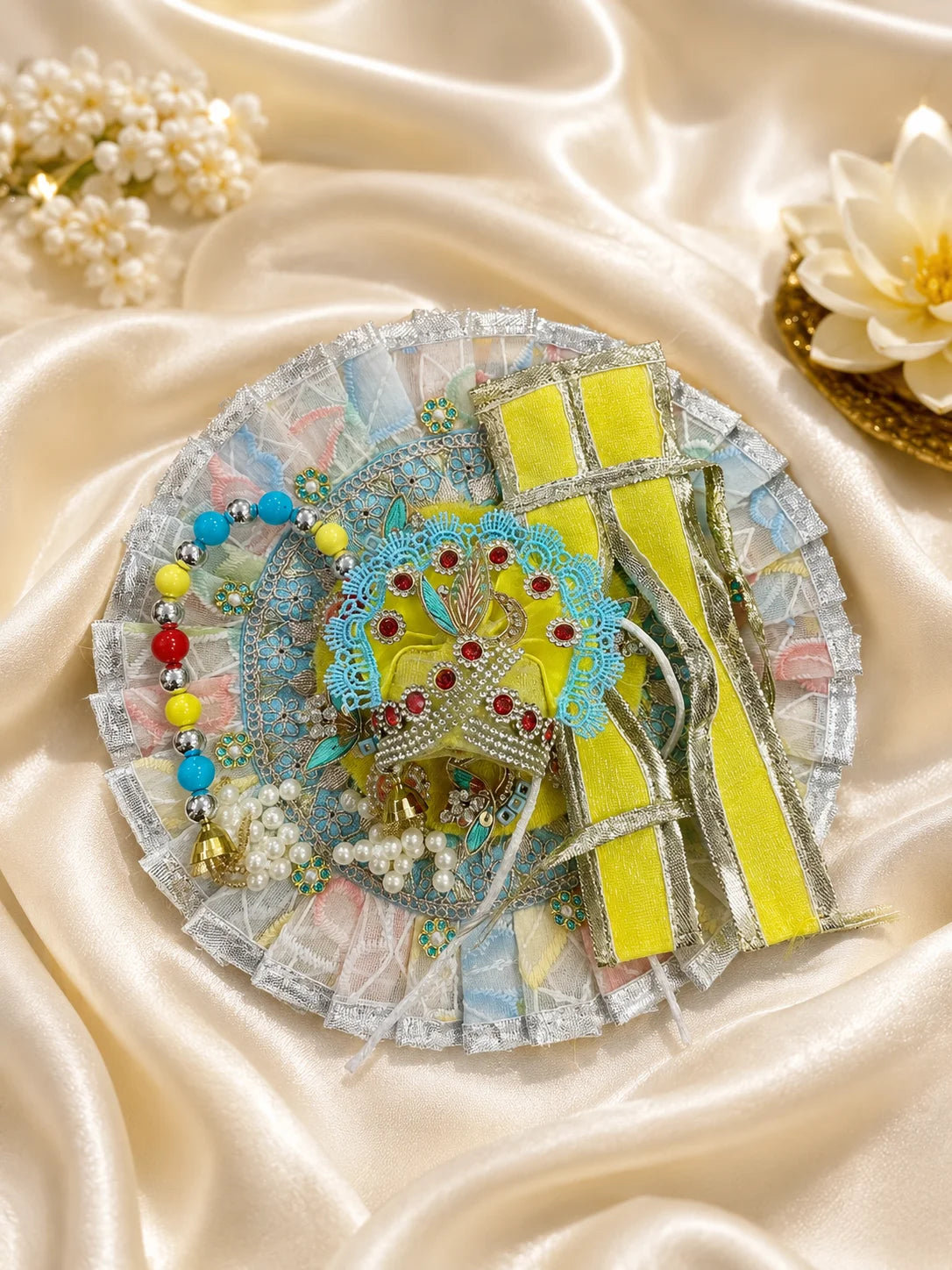 Aqua Lemon Poshak for Laddu Gopal featuring a refreshing aqua blue and lemon yellow dual-tone design