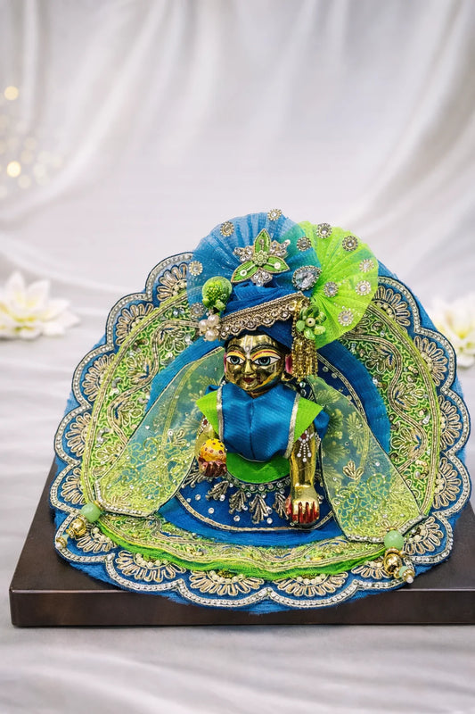 Blue & green Laddu Gopal dress with pagdi and patka royal shringar