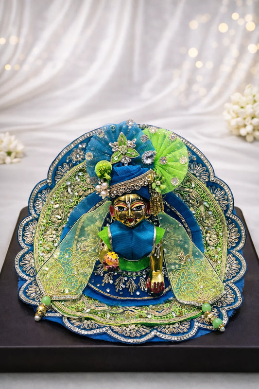 Blue & green Laddu Gopal dress with pagdi and patka royal shringar