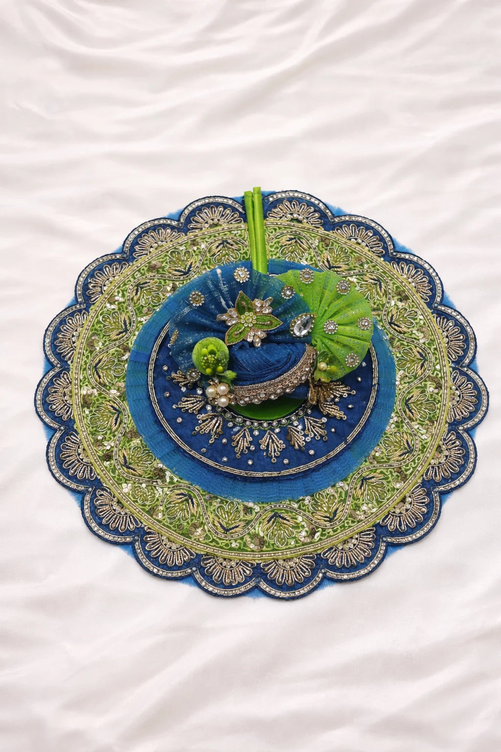 Blue & green Laddu Gopal dress with pagdi and patka royal shringar