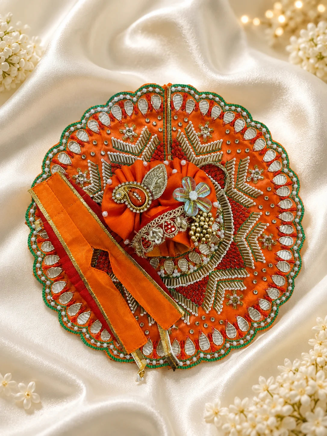 Vibrant orange festive Laddu Gopal poshak set with intricate white pearl beadwork, heavy zardozi embroidery, matching patka, and decorated turban displayed flat on white silk