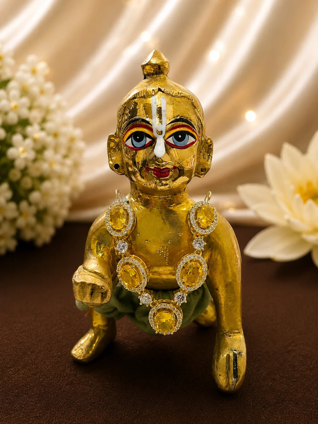 Celestial gold plated Kanth-Haar with oval yellow gemstones and white American Diamond halo border for Kanha Ji