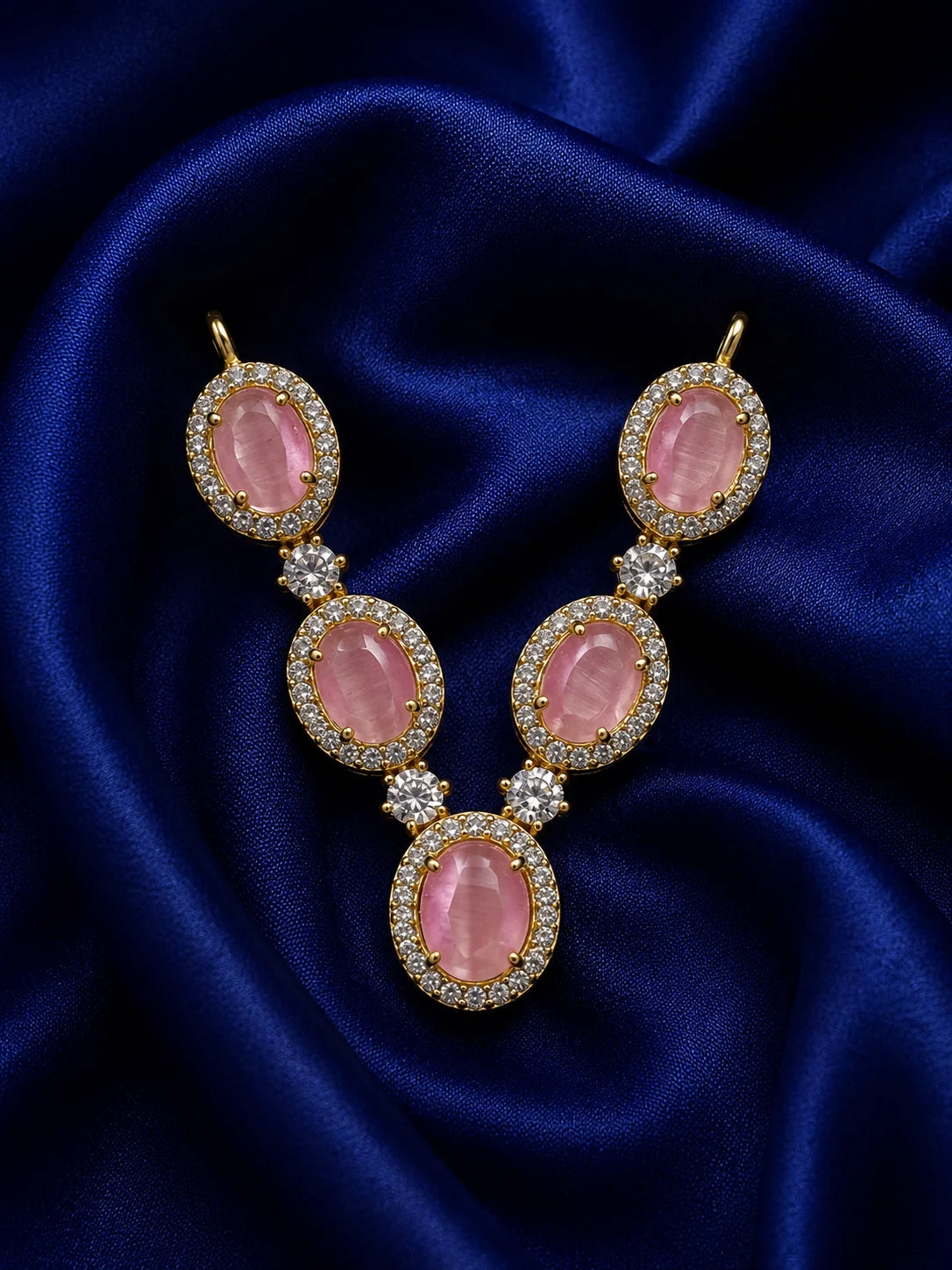 Premium gold touch oval pastel pink gemstone collar necklace with sparkling AD crystals for Laddu Gopal Ji