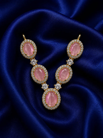 Premium gold touch oval pastel pink gemstone collar necklace with sparkling AD crystals for Laddu Gopal Ji