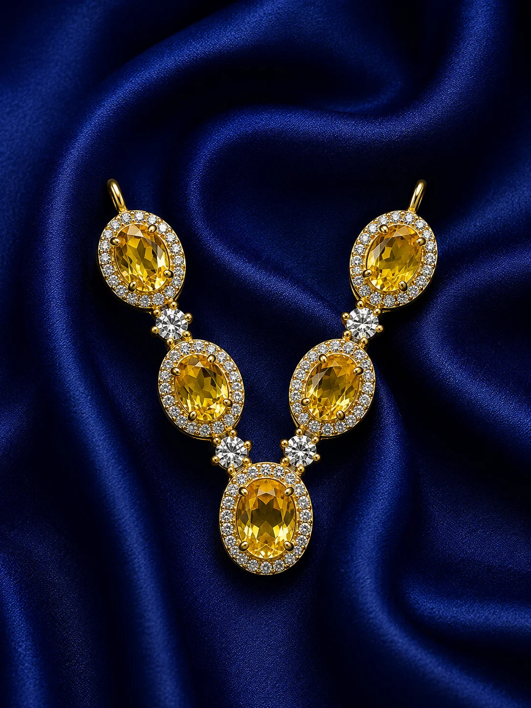 Celestial gold plated Kanth-Haar with oval yellow gemstones and white American Diamond halo border for Kanha Ji