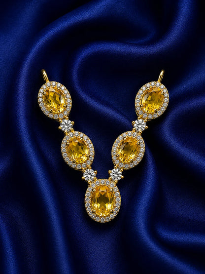 Celestial gold plated Kanth-Haar with oval yellow gemstones and white American Diamond halo border for Kanha Ji