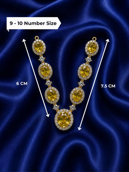 Celestial gold plated Kanth-Haar with oval yellow gemstones and white American Diamond halo border for Kanha Ji