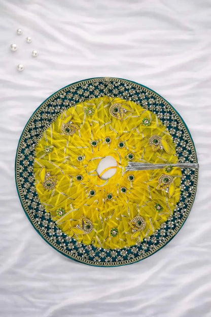 Yellow Green Net Work Laddu Gopal Dress