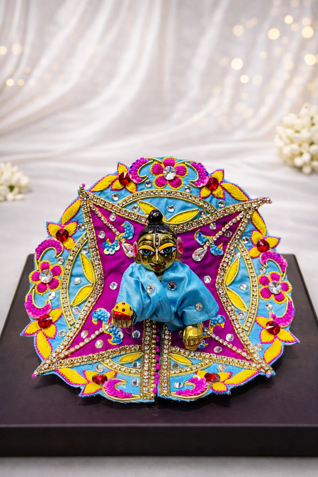 Blue and magenta stone work Laddu Gopal dress handcrafted festive shringar poshak