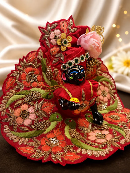 Premium Red Laddu Gopal Poshak with Dense Resham Floral Thread Embroidery Flatlay