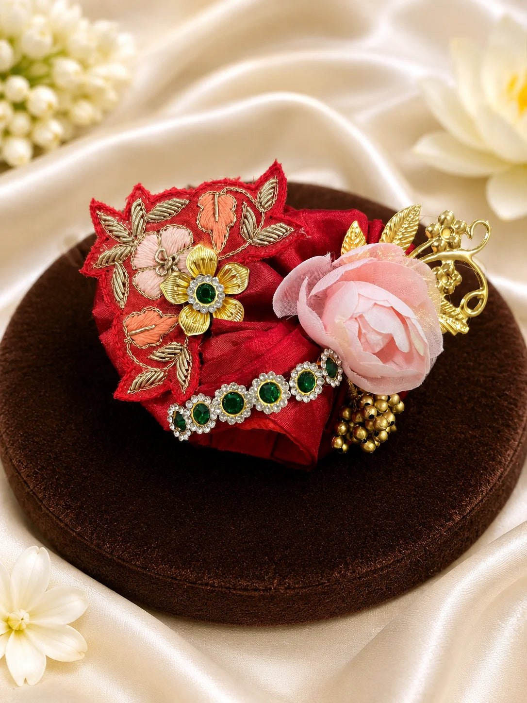 Premium Red Laddu Gopal Poshak with Dense Resham Floral Thread Embroidery Flatlay