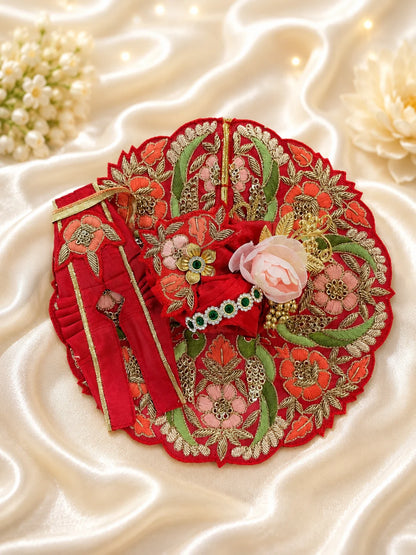 Royal Red Handcrafted Kanha Ji Festive Dress with Heavy Peach Rose Turban Shringar