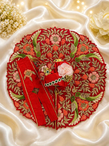 Royal Red Handcrafted Kanha Ji Festive Dress with Heavy Peach Rose Turban Shringar