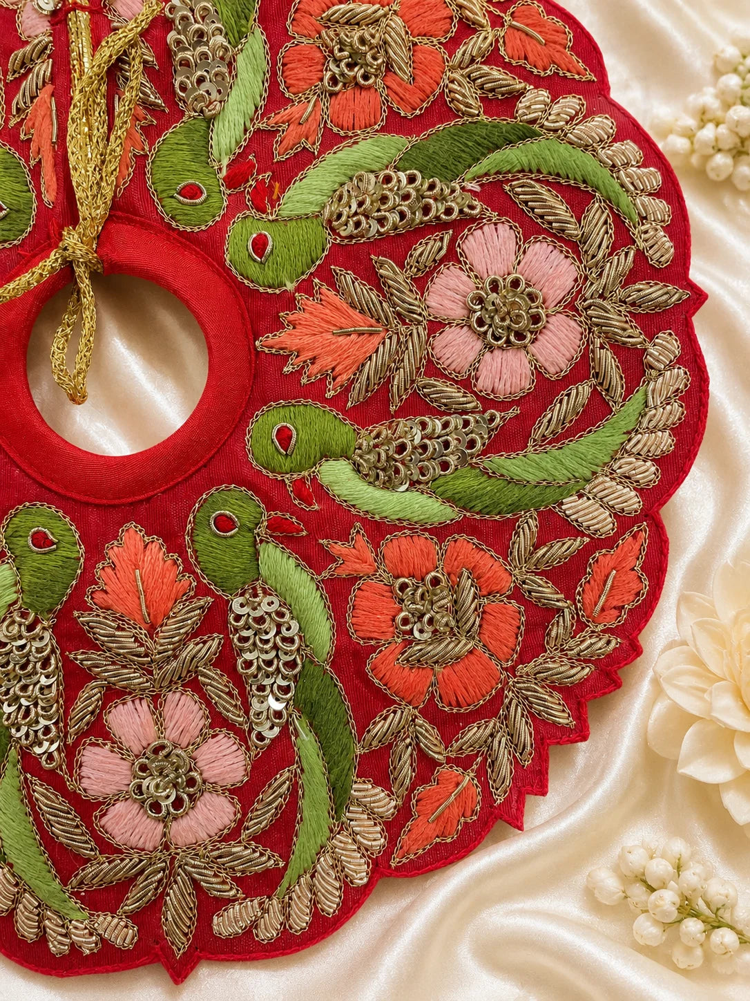 Royal Red Handcrafted Kanha Ji Festive Dress with Heavy Peach Rose Turban Shringar