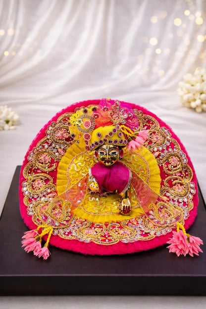 Yellow and pink Laddu Gopal dress with pagdi and patka royal shringar