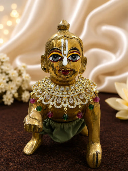 Premium gold plated Crystal Hansuli Hasli collar necklace with white American Diamond pave for Laddu Gopal deity shringar