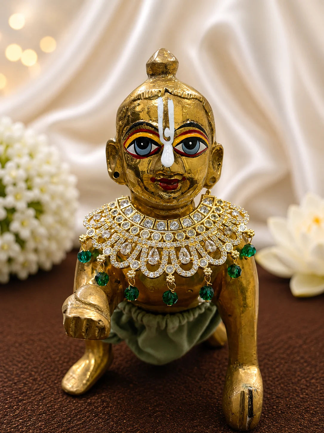 Premium gold plated Crystal Hansuli Hasli collar necklace with white American Diamond pave for Laddu Gopal deity shringar