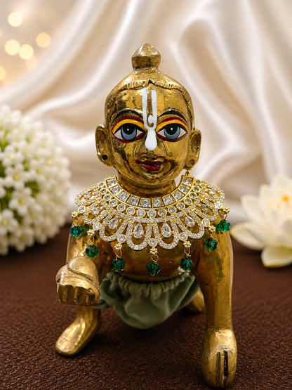 Premium gold plated Crystal Hansuli Hasli collar necklace with white American Diamond pave for Laddu Gopal deity shringar