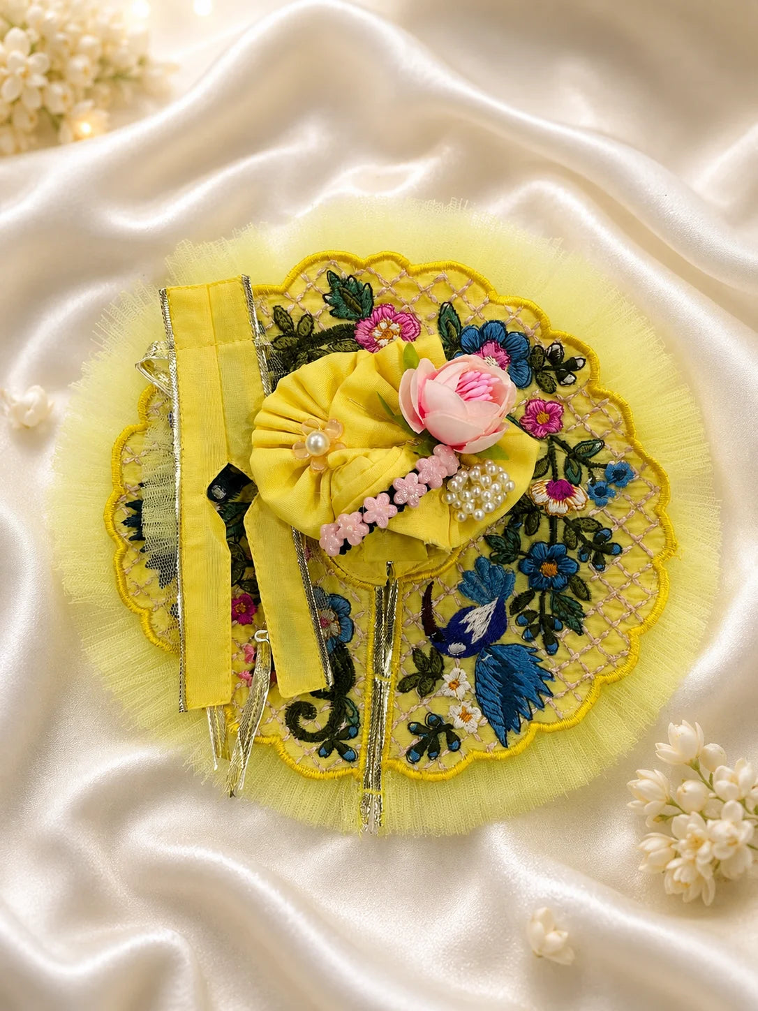 Sunshine yellow vibrant Laddu Gopal festive poshak with beautiful flower-decorated pagdi