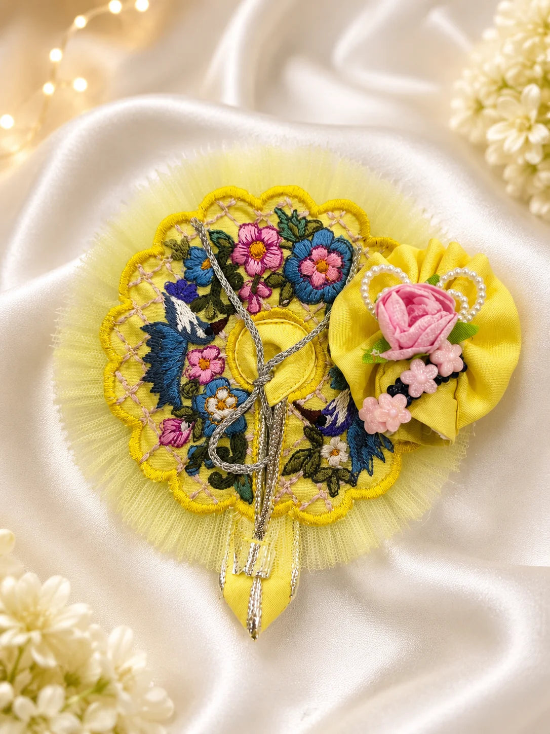 Sunshine yellow vibrant Laddu Gopal festive poshak with beautiful flower-decorated pagdi
