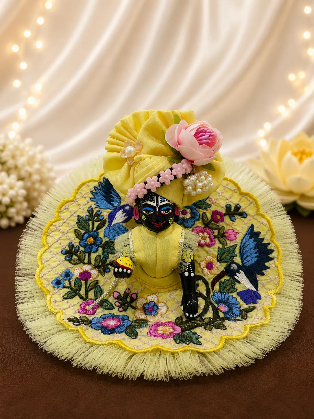Sunshine yellow vibrant Laddu Gopal festive poshak with beautiful flower-decorated pagdi