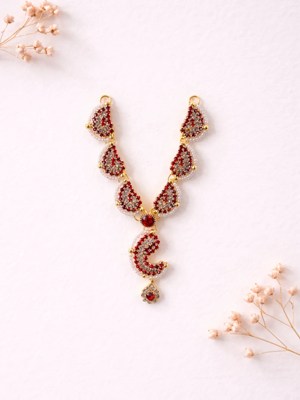 Designer red pearl Laddu Gopal jewellery for royal festive shringar