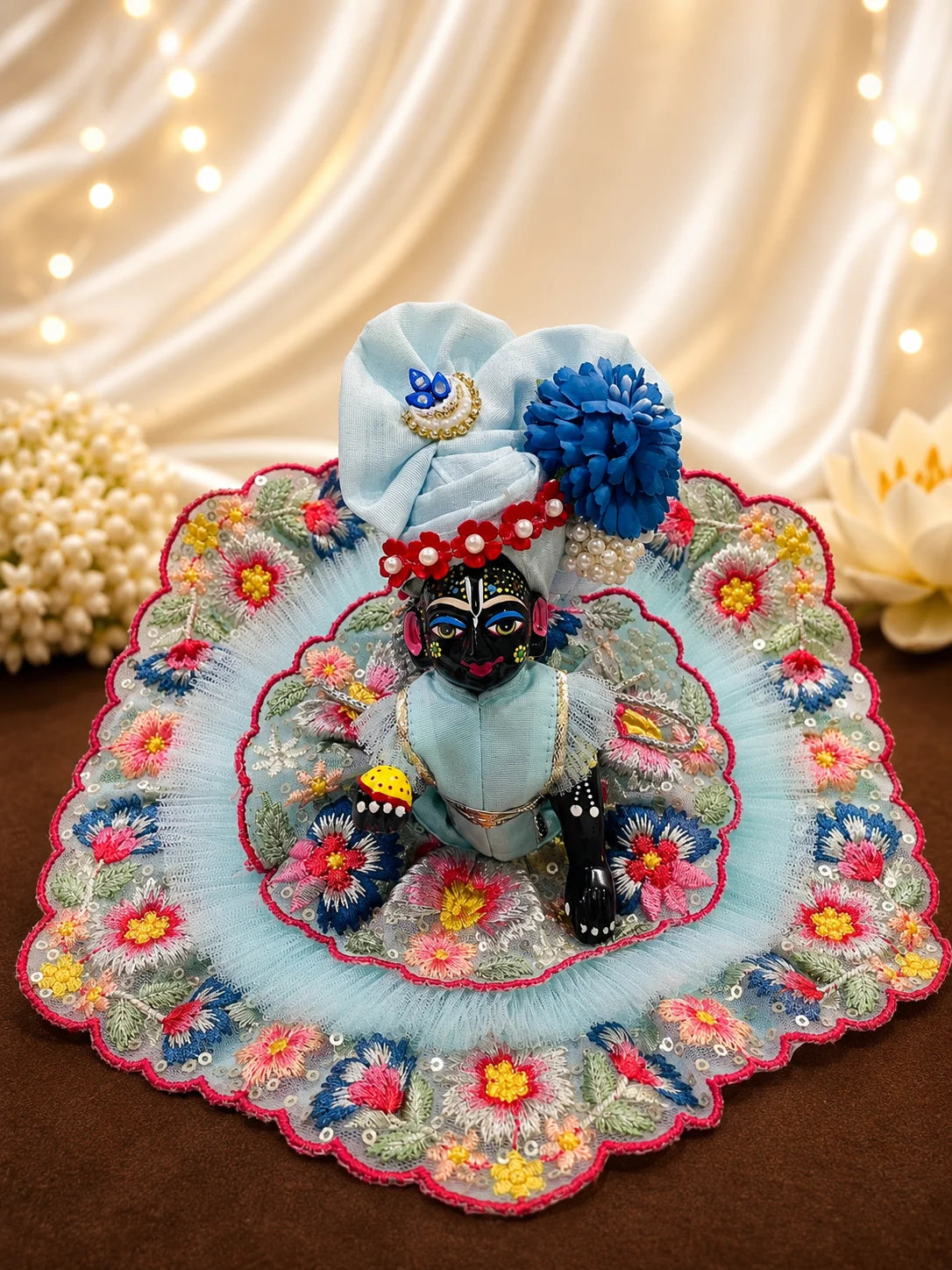 Premium Light Blue Double-Layered Floral Embroidery Laddu Gopal Poshak