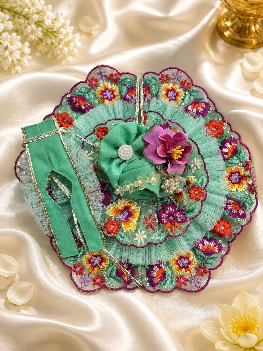 Premium Light Blue Double-Layered Floral Embroidery Laddu Gopal Poshak