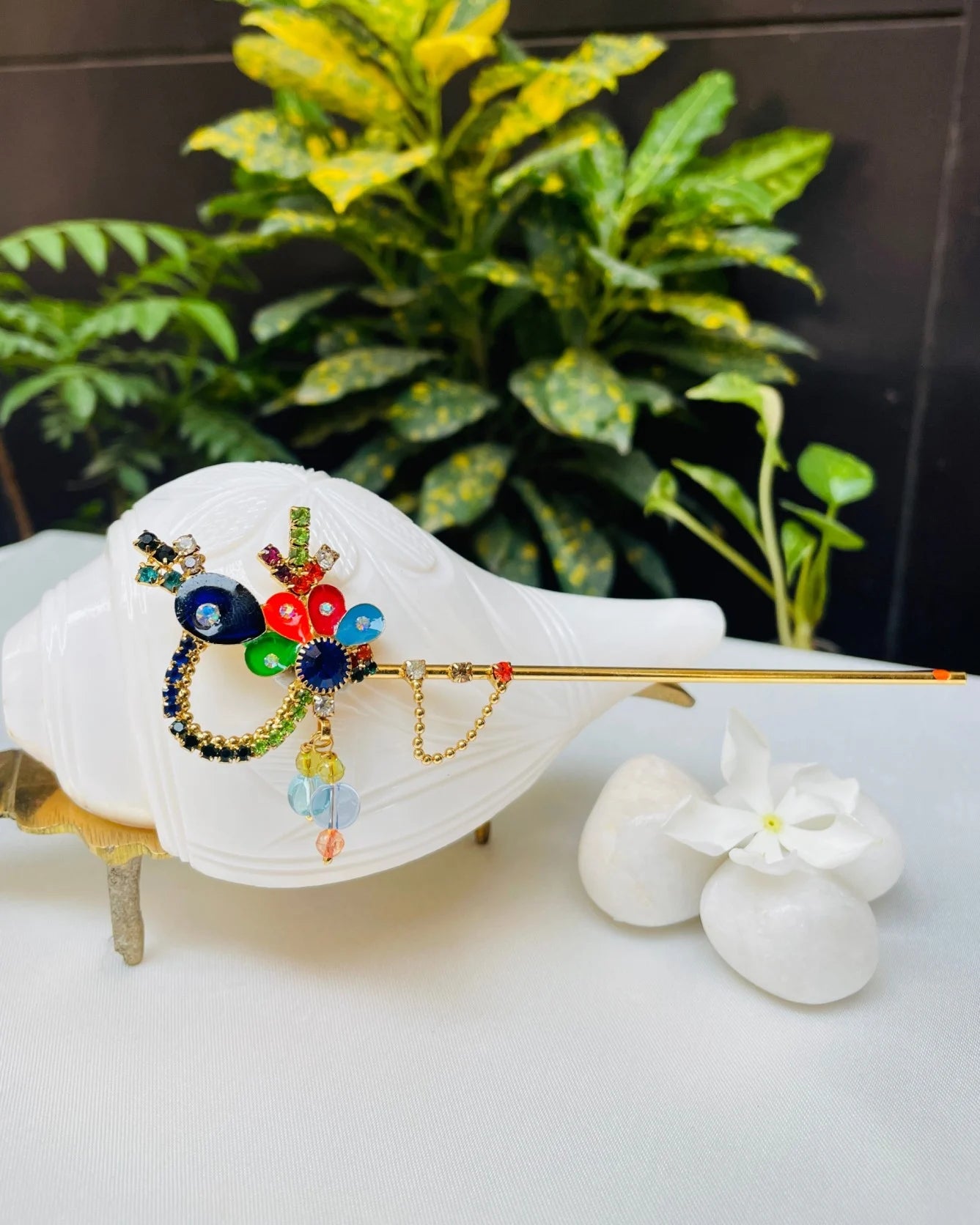Multicolor crystal-studded Laddu Gopal Bansuri with hanging beads and chakra design – ideal flute for Kanha Ji’s shringar.