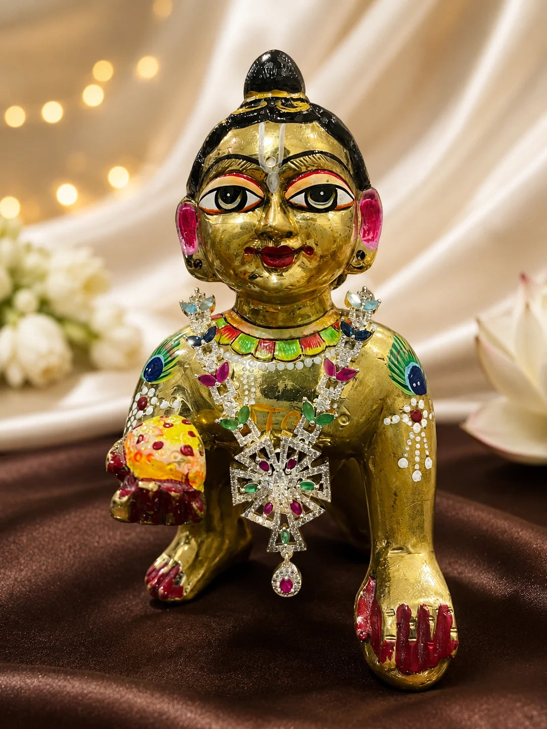 Elegant Silver AD Necklace for Laddu Gopal with sparkling American diamond stones and silver finish